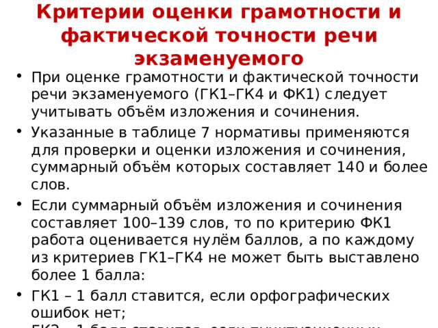 Критерии оценки грамотности и фактической точности речи экзаменуемого При оценке грамотности и фактической точности речи экзаменуемого (ГК1–ГК4 и ФК1) следует учитывать объём изложения и сочинения. Указанные в таблице 7 нормативы применяются для проверки и оценки изложения и сочинения, суммарный объём которых составляет 140 и более слов. Если суммарный объём изложения и сочинения составляет 100–139 слов, то по критерию ФК1 работа оценивается нулём баллов, а по каждому из критериев ГК1–ГК4 не может быть выставлено более 1 балла: ГК1 – 1 балл ставится, если орфографических ошибок нет;  ГК2 – 1 балл ставится, если пунктуационных ошибок нет;  ГК3 – 1 балл ставится, если грамматических ошибок нет;  ГК4 – 1 балл ставится, если речевых ошибок нет. 