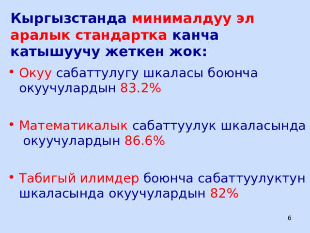 Кыргызстанда минималдуу эл аралык стандартка канча катышуучу жеткен жок: Окуу сабаттулугу шкаласы боюнча окуучулардын 83.2% Математикалык сабаттуулук шкаласында окуучулардын 86.6%  Табигый илимдер боюнча сабаттуулуктун шкаласында окуучулардын 82%  ЦООМО  