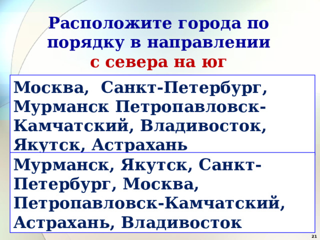 Расположите города по порядку в направлении  с севера на юг Москва, Санкт-Петербург, Мурманск Петропавловск-Камчатский, Владивосток, Якутск, Астрахань Мурманск, Якутск, Санкт-Петербург, Москва, Петропавловск-Камчатский, Астрахань, Владивосток  