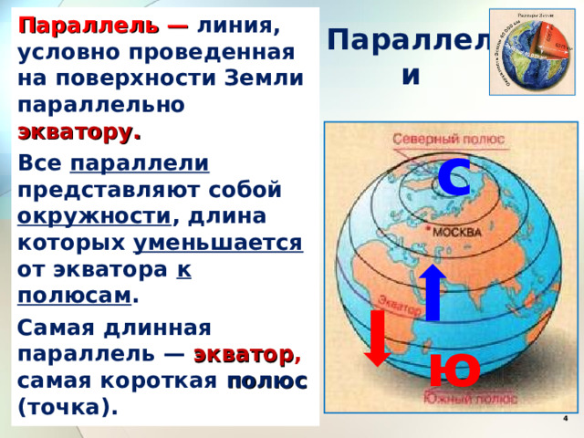 Параллель — линия, условно проведенная на поверхности Земли параллельно экватору. Все параллели представляют собой окружности , длина которых уменьшается от экватора к полюсам . Самая длинная параллель — экватор , самая короткая полюс (точка). Параллели с ю  