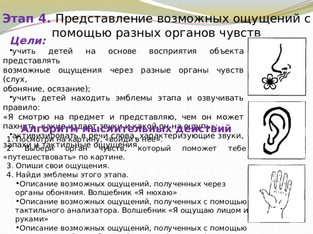 Этап 4.  Представление возможных ощущений с помощью разных органов чувств Цели: учить детей на основе восприятия объекта представлять  возможные ощущения через разные органы чувств (слух,  обоняние, осязание); учить детей находить эмблемы этапа и озвучивать правило:  «Я смотрю на предмет и представляю, чем он может пахнуть, какие издает звуки и какой он на ощупь»; активизировать в речи слова, характеризующие звуки, запахи и тактильные ощущения. Алгоритм мыслительных действий 1. Посмотри на картину, «войди в нее». 2. Выбери орган чувств, который поможет тебе «путешествовать» по картине. 3. Опиши свои ощущения. 4. Найди эмблемы этого этапа. Описание возможных ощущений, полученных через органы обоняния. Волшебник «Я нюхаю» Описание возможных ощущений, полученных с помощью тактильного анализатора. Волшебник «Я ощущаю лицом и руками» Описание возможных ощущений, полученных с помощью органа слуха. Волшебник -«Я слышу» (чувствую) 