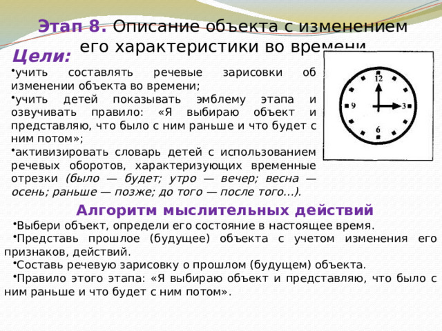 Этап 8. Описание объекта с изменением его характеристики во времени Цели: учить составлять речевые зарисовки об изменении объекта во времени; учить детей показывать эмблему этапа и озвучивать правило: «Я выбираю объект и представляю, что было с ним раньше и что будет с ним потом»; активизировать словарь детей с использованием речевых оборотов, характеризующих временные отрезки (было — будет; утро — вечер; весна — осень; раньше — позже; до того — после того...). Алгоритм мыслительных действий Выбери объект, определи его состояние в настоящее время. Представь прошлое (будущее) объекта с учетом изменения его признаков, действий. Составь речевую зарисовку о прошлом (будущем) объекта. Правило этого этапа: «Я выбираю объект и представляю, что было с ним раньше и что будет с ним потом». 