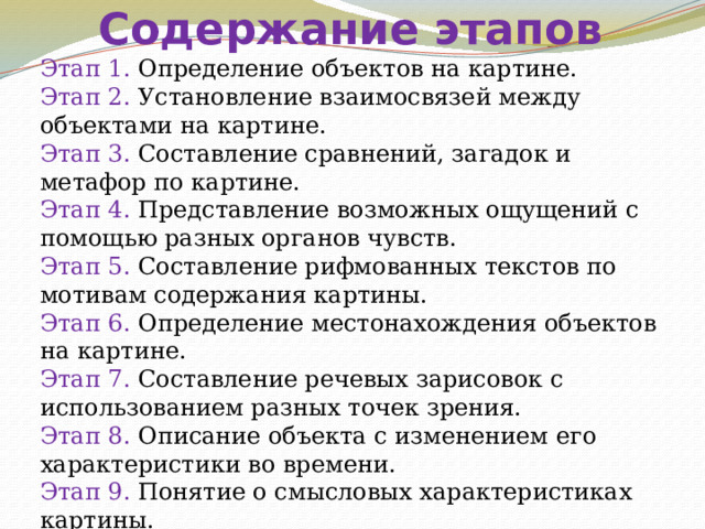 Содержание этапов Этап 1. Определение объектов на картине. Этап 2. Установление взаимосвязей между объектами на картине. Этап 3. Составление сравнений, загадок и метафор по картине. Этап 4. Представление возможных ощущений с помощью раз­ных органов чувств. Этап 5. Составление рифмованных текстов по мотивам содержания картины. Этап 6. Определение местонахождения объектов на картине. Этап 7. Составление речевых зарисовок с использованием разных точек зрения. Этап 8. Описание объекта с изменением его характеристики во времени. Этап 9. Понятие о смысловых характеристиках картины. 
