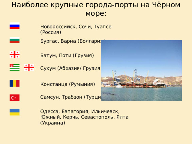 Наиболее крупные города-порты на Чёрном море: Новороссийск, Сочи, Туапсе (Россия) Бургас, Варна (Болгария) Батум, Поти (Грузия) Сухум (Абхазия/ Грузия) Констанца (Румыния) Самсун, Трабзон (Турция) Одесса, Евпатория, Ильичевск, Южный, Керчь, Севастополь, Ялта (Украина) 