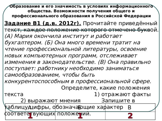 Образование и его значимость в условиях информационного общества. Возможности получения общего и профессионального образования в Российской Федерации Задание В1 (д.в. 2012г). Прочитайте приведённый текст, каждое положение которого отмечено буквой. (А) Мария окончила институт и работает бухгалтером. (Б) Она много времени тратит на чтение профессиональной литературы, освоение новых компьютерных программ, отслеживает изменения в законодательстве. (В) Она правильно поступает: работнику необходимо заниматься самообразованием, чтобы быть конкурентоспособным в профессиональной сфере. Определите, какие положения текста 1) отражают факты  2) выражают мнения Запишите в таблицу цифры, обозначающие характер соответствующих положений. А Б В 