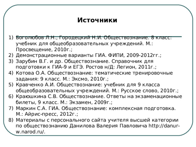 Источники Боголюбов Л.Н., Городецкий Н.И. Обществознание. 8 класс: учебник для общеобразовательных учреждений. М.: Просвещение, 2010г.; Демонстрационные варианты ГИА. ФИПИ, 2009-2012гг.; Зарубин В.Г. и др. Обществознание. Справочник для подготовки к ГИА-9 и ЕГЭ. Ростов н/Д: Легион, 2011г.; Котова О.А. Обществознание: тематические тренировочные задания: 9 класс. М.: Эксмо, 2010г.; Кравченко А.И. Обществознание: учебник для 9 класса общеобразовательных учреждений. М.: Русское слово, 2010г.; Краюшкина С.В. Обществознание. Ответы на экзаменационные билеты, 9 класс. М.: Экзамен, 2009г.; Маркин С.А. ГИА. Обществознание: комплексная подготовка. М.: Айрис-пресс, 2012г.; Материалы с персонального сайта учителя высшей категории по обществознанию Данилова Валерия Павловича http://danur-w.narod.ru/. 