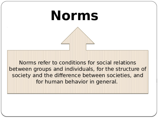 Norms Norms refer to conditions for social relations between groups and individuals, for the structure of society and the difference between societies, and for human behavior in general.  