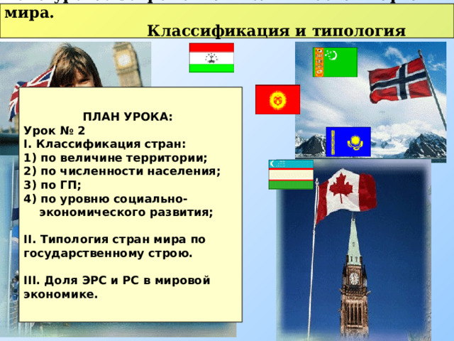 Тема урока:  Современная политическая карта мира.  Классификация и типология стран.    ПЛАН УРОКА: Урок № 2 I. Классификация стран: 1) по величине территории; 2) по численности населения; 3) по ГП; 4) по уровню социально-  экономического развития;  II. Типология стран мира по государственному строю.  III. Доля ЭРС и РС в мировой экономике.   