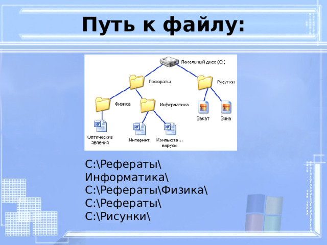 Путь к файлу: C:\Рефераты\Информатика\ C:\Рефераты\Физика\ C:\Рефераты\ C:\Рисунки\ 