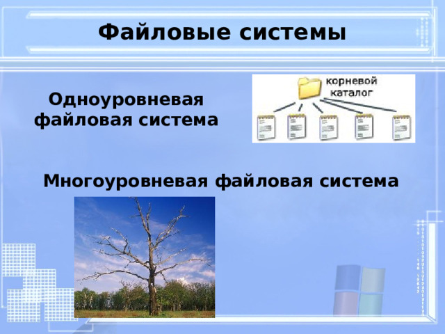 Файловые системы Одноуровневая файловая система    Многоуровневая файловая система   