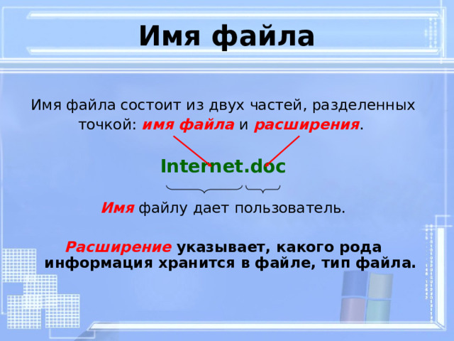 Имя файла Имя файла состоит из двух частей, разделенных точкой: имя файла  и расширения . Internet.doc Имя файлу дает пользователь.  Расширение указывает, какого рода информация хранится в файле, тип файла.   