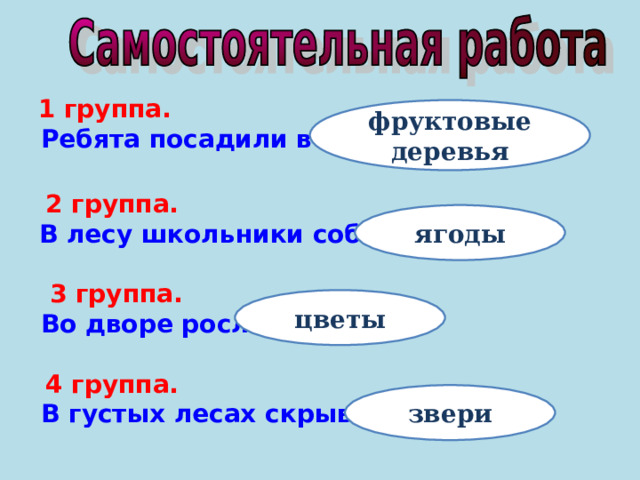  1 группа.   Ребята посадили в саду фруктовые деревья  2 группа.  В лесу школьники собирали ягоды  3 группа.   Во дворе росли цветы  4 группа.   В густых лесах скрываются звери 