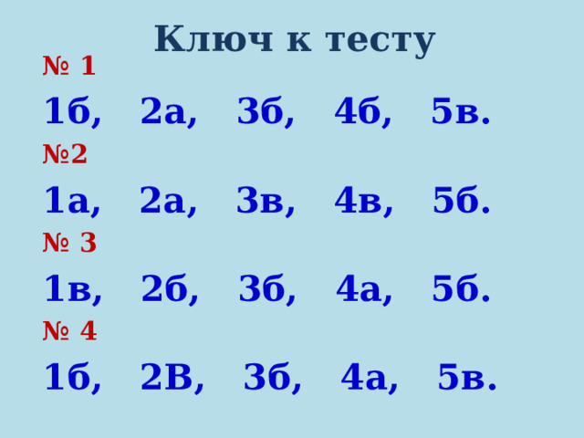 Ключ к тесту № 1  1б, 2а, 3б, 4б, 5в. № 2 1а, 2а, 3в, 4в, 5б. № 3 1в, 2б, 3б, 4а, 5б. № 4 1б, 2В, 3б, 4а, 5в. 