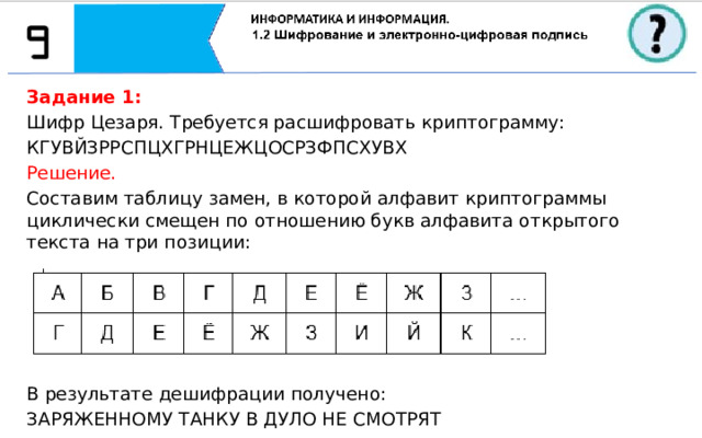 Задание 1: Шифр Цезаря. Требуется расшифровать криптограмму: КГУВЙЗРРСПЦХГРНЦЕЖЦОСРЗФПСХУВХ Решение. Составим таблицу замен, в которой алфавит криптограммы циклически смещен по отношению букв алфавита открытого текста на три позиции: В результате дешифрации получено: ЗАРЯЖЕННОМУ ТАНКУ В ДУЛО НЕ СМОТРЯТ Задание 1: Шифр Цезаря. Требуется расшифровать криптограмму: КГУВЙЗРРСПЦХГРНЦЕЖЦОСРЗФПСХУВХ Решение. Составим таблицу замен, в которой алфавит криптограммы циклически смещен по отношению букв алфавита открытого текста на три позиции: А  Б  В  Г  Д  Е  Ё  Ж  З  … Г  Д  Е  Ё  Ж  З  И  Й  К  … В результате дешифрации получено: ЗАРЯЖЕННОМУ ТАНКУ В ДУЛО НЕ СМОТРЯТ  