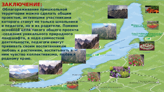 ЗАКЛЮЧЕНИЕ:   Облагораживание пришкольной территории можно сделать общим проектом, активными участниками которого станут не только школьники и педагоги, но и их родители. Помимо основной цели такого общего проекта –создания уникального природного ландшафта, в ходе совместной деятельности, педагоги смогут прививать своим воспитанникам любовь к растениям, воспитывать в ним чувство коллективизма, любви к родному краю .   