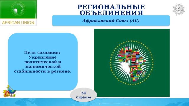Региональные объединения Африканский Союз (АС) Цель создания: Укрепление политической и экономической стабильности в регионе. 54 страны 