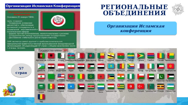 Региональные объединения Организация Исламская конференция 57 стран 