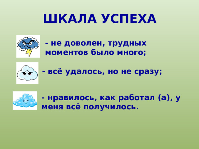 ШКАЛА УСПЕХА - не доволен, трудных моментов было много; - всё удалось, но не сразу; - нравилось, как работал (а), у меня всё получилось. 