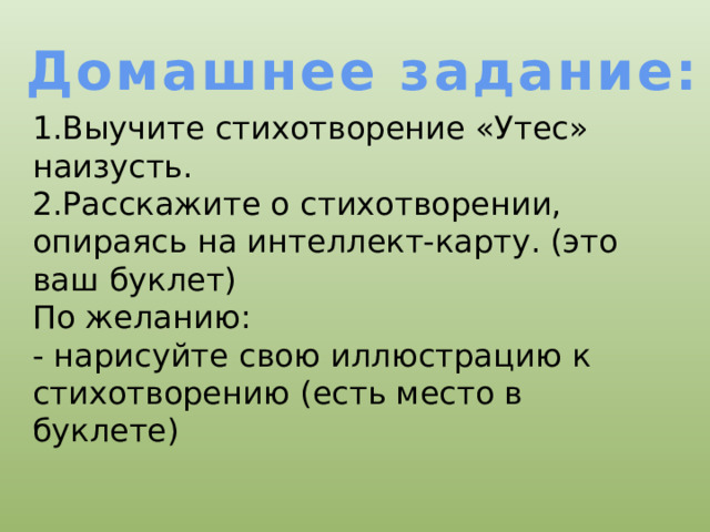 Домашнее задание: 1.Выучите стихотворение «Утес» наизусть. 2.Расскажите о стихотворении, опираясь на интеллект-карту. (это ваш буклет) По желанию: - нарисуйте свою иллюстрацию к стихотворению (есть место в буклете) 