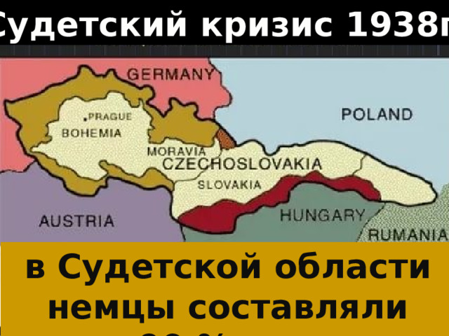Судетский кризис 1938г. в Судетской области немцы составляли около 90 % населения 
