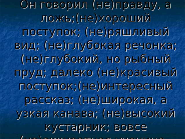 Он говорил (не)правду, а ложь;(не)хороший поступок; (не)ряшливый вид; (не)глубокая речонка; (не)глубокий, но рыбный пруд; далеко (не)красивый поступок;(не)интересный рассказ; (не)широкая, а узкая канава; (не)высокий кустарник; вовсе (не)аккуратная ученица.  