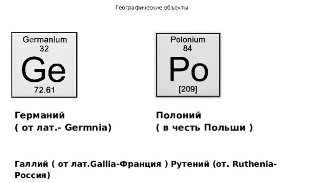 Географические объекты   Германий Полоний ( от лат.- Germnia) ( в честь Польши ) Галлий ( от лат.Gallia-Франция ) Рутений (от. Ruthenia- Россия) 