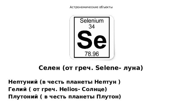 Астрономические объекты   Селен (от греч. Selene- луна) Нептуний (в честь планеты Нептун ) Гелий ( от греч. Helios- Солнце) Плутоний ( в честь планеты Плутон) 