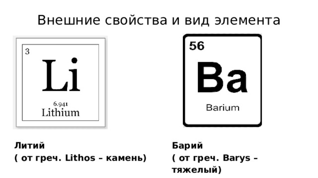 Внешние свойства и вид элемента Литий Барий ( от греч. Lithos – камень) ( от греч. Barys – тяжелый) 