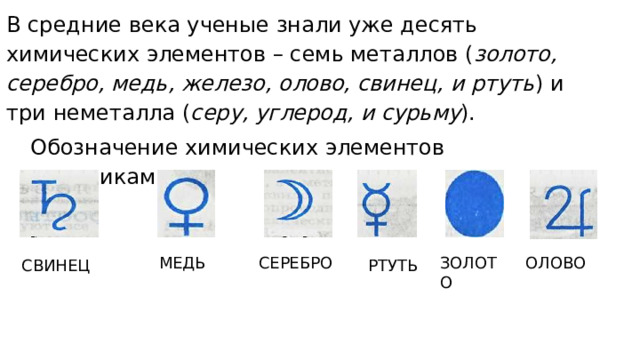 В средние века ученые знали уже десять химических элементов – семь металлов ( золото, серебро, медь, железо, олово, свинец, и ртуть ) и три неметалла ( серу, углерод, и сурьму ). Обозначение химических элементов алхимиками СВИНЕЦ МЕДЬ СЕРЕБРО РТУТЬ ЗОЛОТО ОЛОВО 