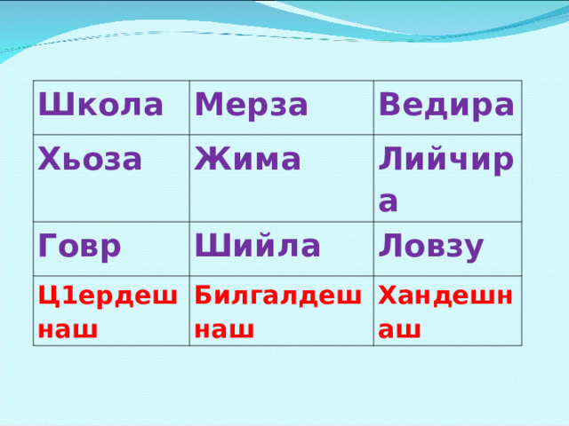 Школа Мерза Хьоза Ведира Жима Говр Лийчира Шийла Ц1ердешнаш Ловзу Билгалдешнаш Хандешнаш 