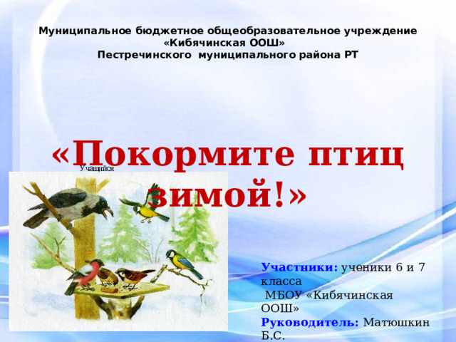 Муниципальное бюджетное общеобразовательное учреждение «Кибячинская ООШ»  Пестречинского муниципального района РТ   «Покормите птиц зимой!» Участники:  ученики 6 и 7 класса  МБОУ «Кибячинская ООШ» Руководитель: Матюшкин Б.С. учитель географии и биологии 