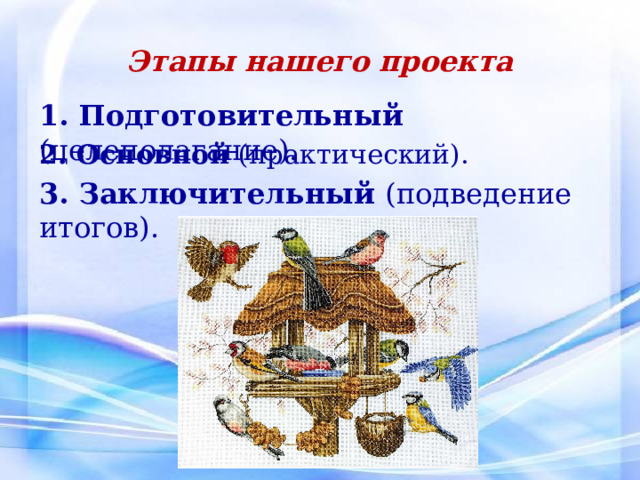 Этапы нашего проекта 1. Подготовительный (целеполагание). 2. Основной (практический). 3. Заключительный (подведение итогов). 