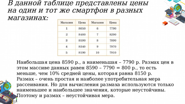 В данной таблице представлены цены на один и тот же смартфон в разных магазинах: Наибольшая цена 8590 р., а наименьшая – 7790 р. Размах цен в этом массиве данных равен 8590 – 7790 = 800 р., то есть меньше, чем 10% средней цены, которая равна 8150 р. Размах – очень простая и наиболее употребительная мера рассеивания. Но для вычисления размаха используются только наименьшее и наибольшее значения, которые неустойчивы. Поэтому и размах – неустойчивая мера. 