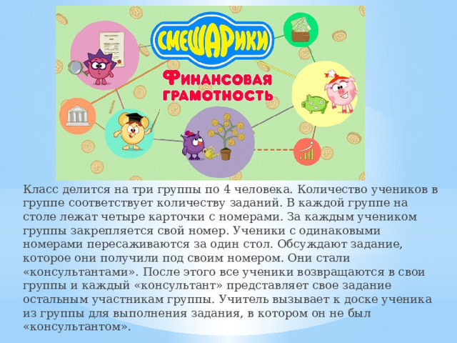 Класс делится на три группы по 4 человека. Количество учеников в группе соответствует количеству заданий. В каждой группе на столе лежат четыре карточки с номерами. За каждым учеником группы закрепляется свой номер. Ученики с одинаковыми номерами пересаживаются за один стол. Обсуждают задание, которое они получили под своим номером. Они стали «консультантами». После этого все ученики возвращаются в свои группы и каждый «консультант» представляет свое задание остальным участникам группы. Учитель вызывает к доске ученика из группы для выполнения задания, в котором он не был «консультантом». 