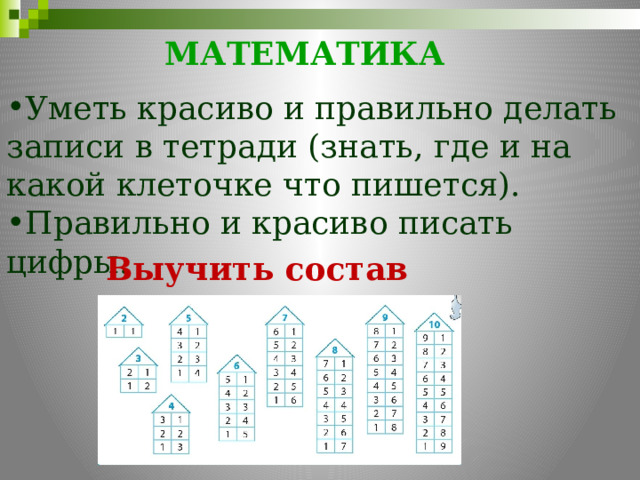 МАТЕМАТИКА     Уметь красиво и правильно делать записи в тетради (знать, где и на какой клеточке что пишется). Правильно и красиво писать цифры. Выучить состав чисел!!!       