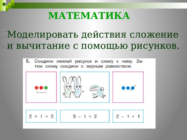 МАТЕМАТИКА     Моделировать действия сложение и вычитание с помощью рисунков. 