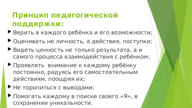 Принцип педагогической поддержки: Верить в каждого ребёнка и его возможности; Оценивать не личность, а действия, поступки; Видеть ценность не только результата, а и самого процесса взаимодействия с ребёнком; Проявлять  внимание к каждому ребёнку постоянно, радуясь его самостоятельным действиям, поощряя их; Не торопиться с выводами; Помогать каждому в поиске своего «Я», в сохранении уникальности. 