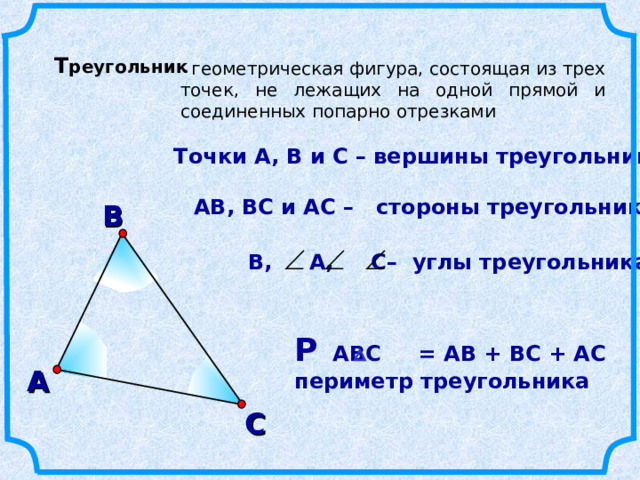 Т реугольник - геометрическая фигура, состоящая из трех точек, не лежащих на одной прямой и соединенных попарно отрезками Точки А, В и С – вершины треугольника АВ, ВС и АС – стороны треугольника В В, А, С– углы треугольника Р АВС = АВ + ВС + АС периметр треугольника А С 