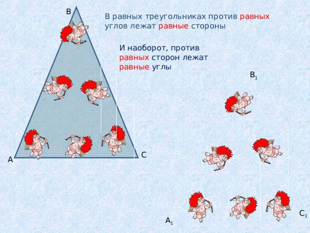 B В равных треугольниках против равных углов лежат равные стороны И наоборот, против равных сторон лежат равные углы B 1 C А C 1 A 1  