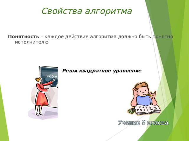 Свойства алгоритма Понятность – каждое действие алгоритма должно быть понятно исполнителю Реши квадратное уравнение 