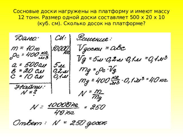 Сосновые доски нагружены на платформу и имеют массу 12 тонн. Размер одной доски составляет 500 х 20 х 10 (куб. см). Сколько досок на платформе? 