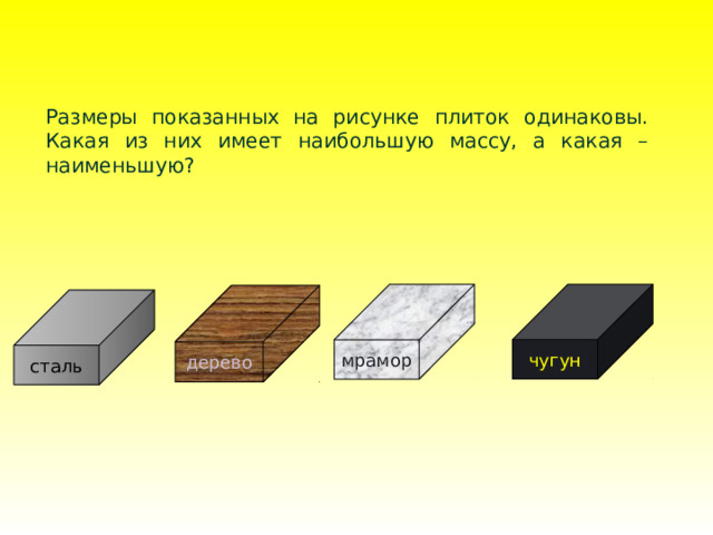 Размеры показанных на рисунке плиток одинаковы. Какая из них имеет наибольшую массу, а какая – наименьшую? чугун мрамор дерево сталь 