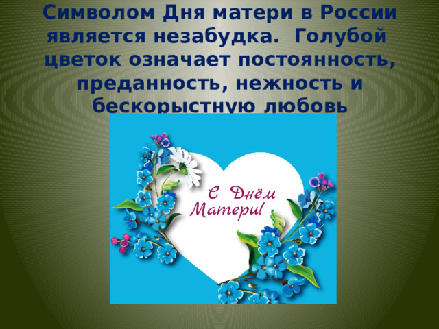 Символом Дня матери в России является незабудка. Голубой цветок означает постоянность, преданность, нежность и бескорыстную любовь 