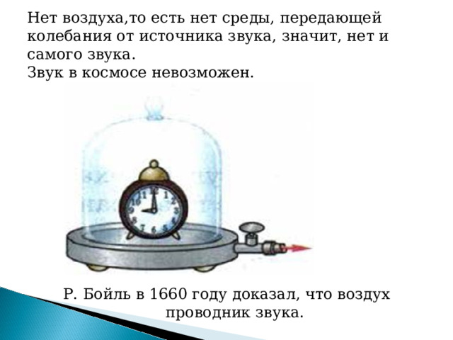 Нет воздуха,то есть нет среды, передающей колебания от источника звука, значит, нет и самого звука.  Звук в космосе невозможен. Р. Бойль в 1660 году доказал, что воздух проводник звука . 