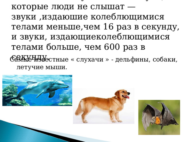 Уши животных улавливают звуки, которые люди не слышат — звуки ,издаюшие колеблющимися телами меньше,чем 16 раз в секунду, и звуки, издающиеколеблющимися телами больше, чем 600 раз в секунду.  Самые известные « слухачи » - дельфины, собаки, летучие мыши. 
