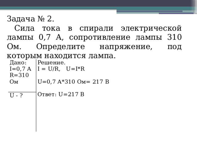 Задача № 2.  Сила тока в спирали электрической лампы 0,7 А, сопротивление лампы 310 Ом. Определите напряжение, под которым находится лампа. Дано: I=0,7 А Решение. U - ? I = U/R, U=I*R R=310 Ом U=0,7 А*310 Ом= 217 В Ответ: U=217 В 