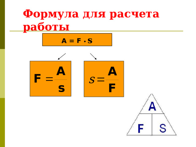 Формула для расчета работы A = F ∙ s 
