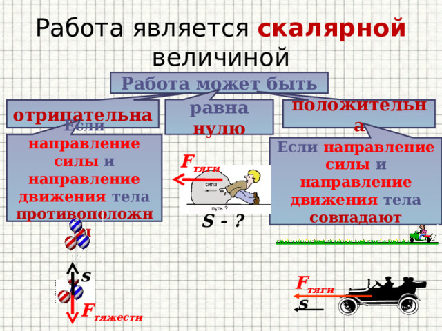Работа является скалярной величиной Работа может быть равна нулю положительна отрицательна Если направление силы и направление движения тела противоположны Если направление силы и направление движения тела совпадают F тяги S - ? s F тяги s F тяжести 