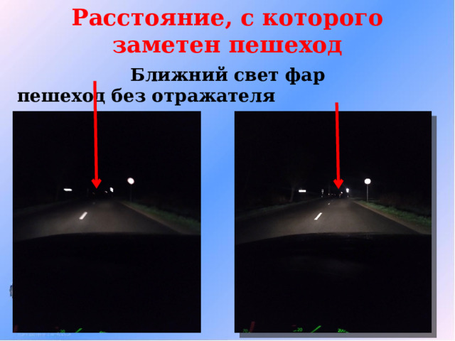 Расстояние, с которого заметен пешеход  Ближний свет фар пешеход без отражателя  пешеход с отражателем 