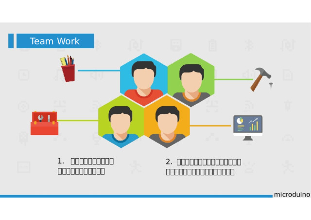 Team  Work 1.  本次大作业必须分组完 成，每组不能超过四个人 2.  分组分工需明确，每人职责清晰， 分享时每人负责说明自己负责的部分  microduino 